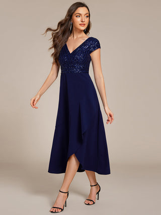 Asymmetrical Hem Short Sleeve V-Neck Formal Evening Dress with Paillette Detail