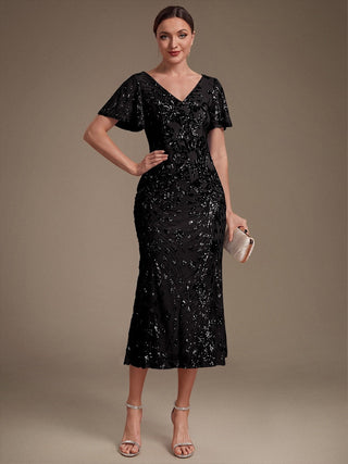 Strapless Deep V-Neck Fishtail Paillette Midi Evening Dresses