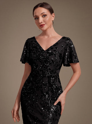 Strapless Deep V-Neck Fishtail Paillette Midi Evening Dresses