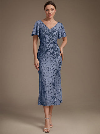 Strapless Deep V-Neck Fishtail Paillette Midi Evening Dresses