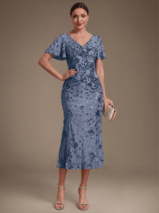 Strapless Deep V-Neck Fishtail Paillette Midi Evening Dresses