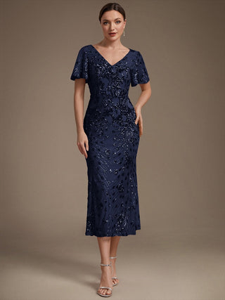 Strapless Deep V-Neck Fishtail Paillette Midi Evening Dresses