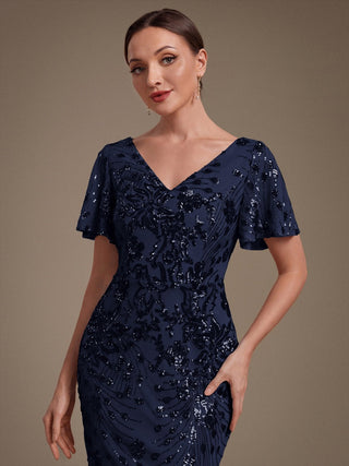 Strapless Deep V-Neck Fishtail Paillette Midi Evening Dresses
