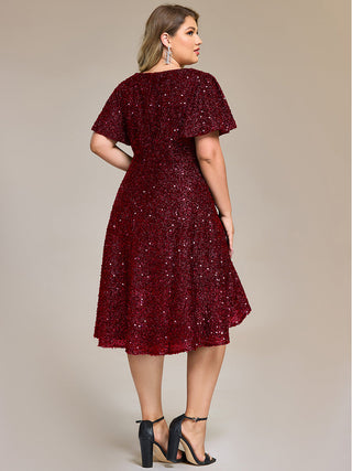 Plus Size Order Short Sleeve Ruffle Sequin Deep V-Neck High-Low Formal Dresses