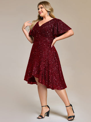Plus Size Order Short Sleeve Ruffle Sequin Deep V-Neck High-Low Formal Dresses
