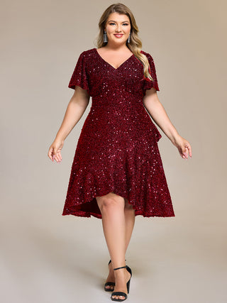 Plus Size Order Short Sleeve Ruffle Sequin Deep V-Neck High-Low Formal Dresses