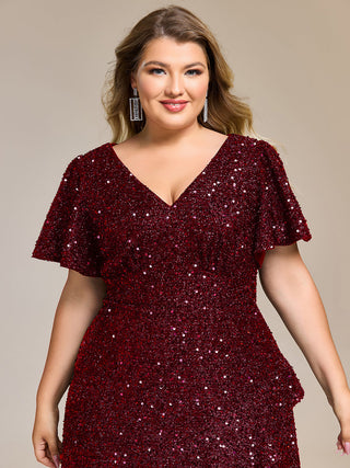Plus Size Order Short Sleeve Ruffle Sequin Deep V-Neck High-Low Formal Dresses