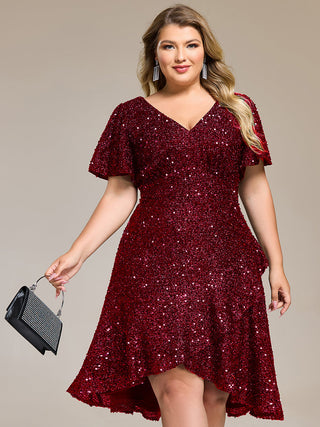 Short Sleeve Ruffle Sequin Deep V-Neck High-Low Formal Dresses