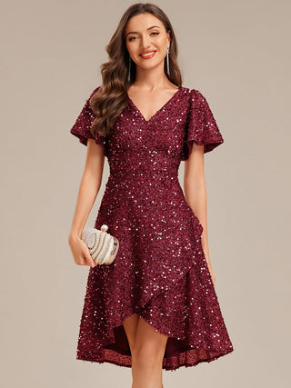 Short Sleeve Ruffle Sequin Deep V-Neck High-Low Formal Dresses