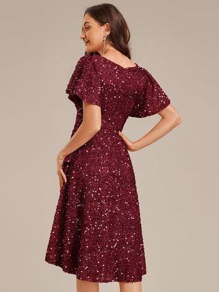 Short Sleeve Ruffle Sequin Deep V-Neck High-Low Formal Dresses