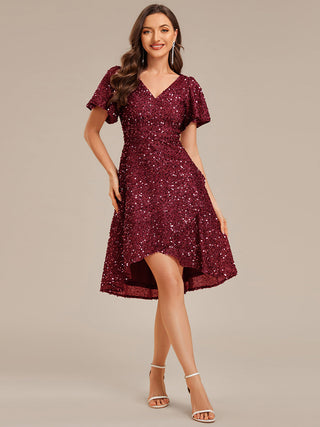 Short Sleeve Ruffle Sequin Deep V-Neck High-Low Formal Dresses