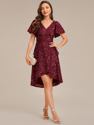 Short Sleeve Ruffle Sequin Deep V-Neck High-Low Formal Dresses