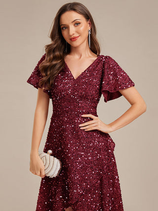 Short Sleeve Ruffle Sequin Deep V-Neck High-Low Formal Dresses