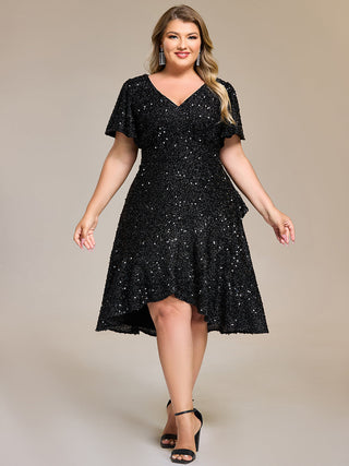 Plus Size Order Short Sleeve Ruffle Sequin Deep V-Neck High-Low Formal Dresses