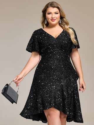 Plus Size Order Short Sleeve Ruffle Sequin Deep V-Neck High-Low Formal Dresses