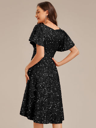 Short Sleeve Ruffle Sequin Deep V-Neck High-Low Formal Dresses