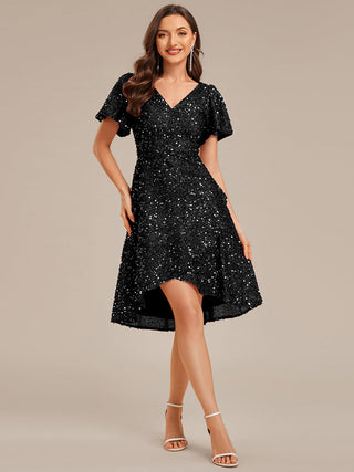 Short Sleeve Ruffle Sequin Deep V-Neck High-Low Formal Dresses