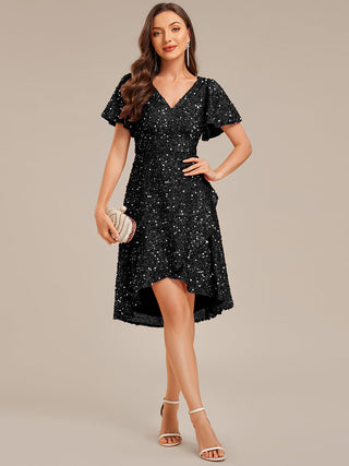 Short Sleeve Ruffle Sequin Deep V-Neck High-Low Formal Dresses