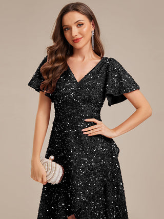 Short Sleeve Ruffle Sequin Deep V-Neck High-Low Formal Dresses