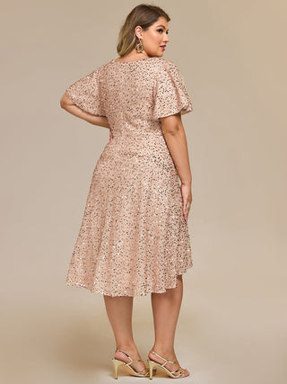 Plus Size Order Short Sleeve Ruffle Sequin Deep V-Neck High-Low Formal Dresses