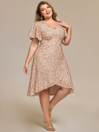 Plus Size Order Short Sleeve Ruffle Sequin Deep V-Neck High-Low Formal Dresses