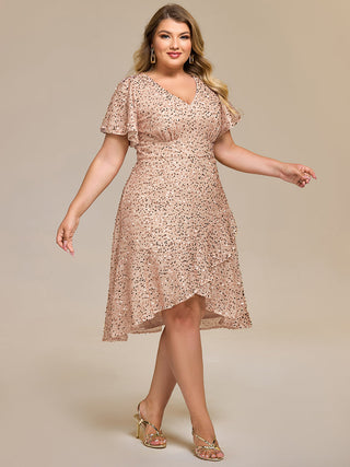 Plus Size Order Short Sleeve Ruffle Sequin Deep V-Neck High-Low Formal Dresses