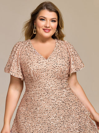 Plus Size Order Short Sleeve Ruffle Sequin Deep V-Neck High-Low Formal Dresses