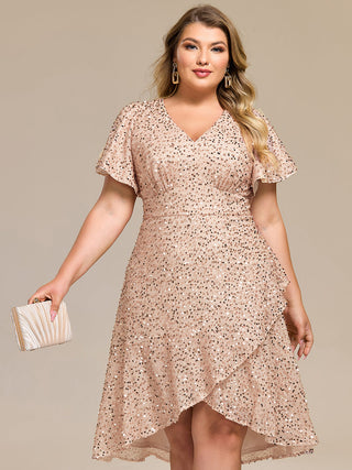 Plus Size Order Short Sleeve Ruffle Sequin Deep V-Neck High-Low Formal Dresses