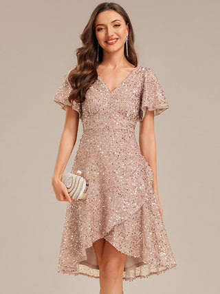 Short Sleeve Ruffle Sequin Deep V-Neck High-Low Formal Dresses