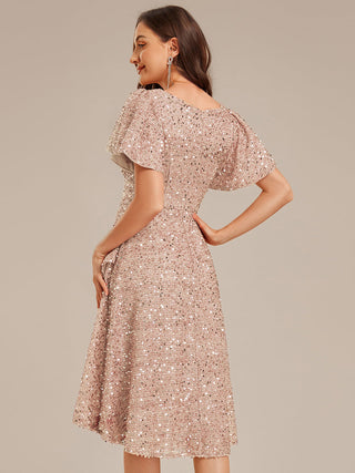 Short Sleeve Ruffle Sequin Deep V-Neck High-Low Formal Dresses