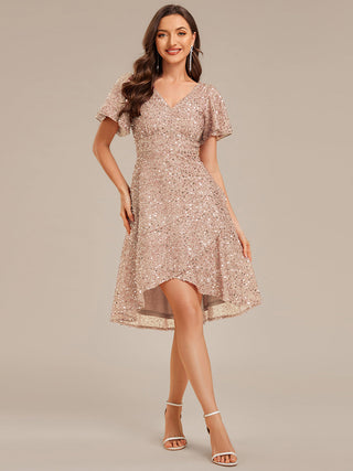Short Sleeve Ruffle Sequin Deep V-Neck High-Low Formal Dresses