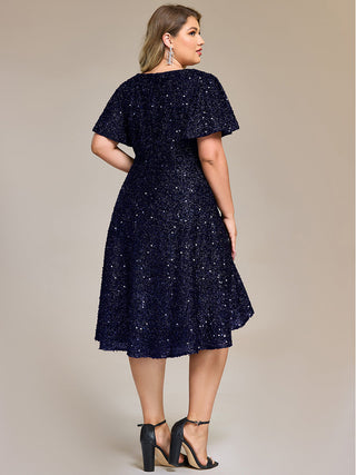 Plus Size Order Short Sleeve Ruffle Sequin Deep V-Neck High-Low Formal Dresses