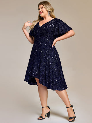 Plus Size Order Short Sleeve Ruffle Sequin Deep V-Neck High-Low Formal Dresses