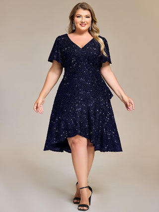 Plus Size Order Short Sleeve Ruffle Sequin Deep V-Neck High-Low Formal Dresses