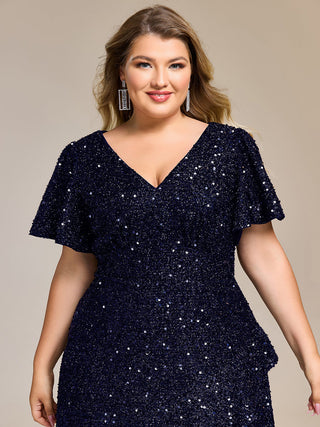 Plus Size Order Short Sleeve Ruffle Sequin Deep V-Neck High-Low Formal Dresses