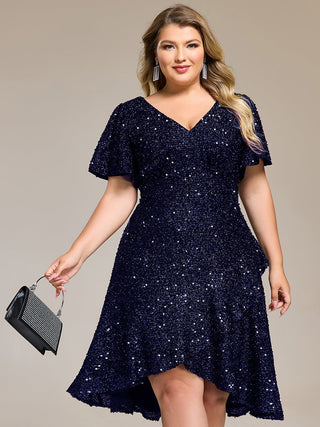 Plus Size Order Short Sleeve Ruffle Sequin Deep V-Neck High-Low Formal Dresses