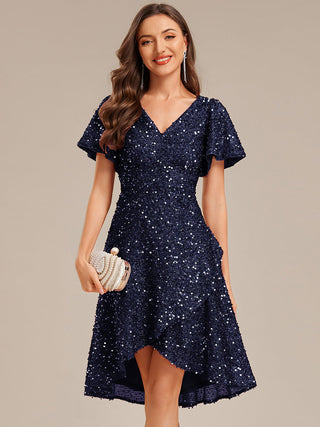 Short Sleeve Ruffle Sequin Deep V-Neck High-Low Formal Dresses