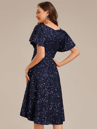 Short Sleeve Ruffle Sequin Deep V-Neck High-Low Formal Dresses