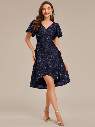 Short Sleeve Ruffle Sequin Deep V-Neck High-Low Formal Dresses
