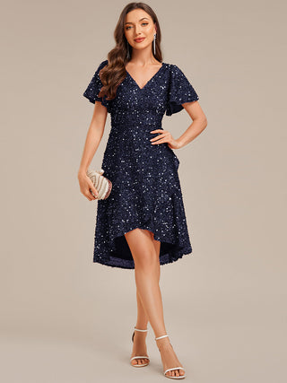 Short Sleeve Ruffle Sequin Deep V-Neck High-Low Formal Dresses