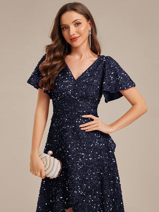 Short Sleeve Ruffle Sequin Deep V-Neck High-Low Formal Dresses