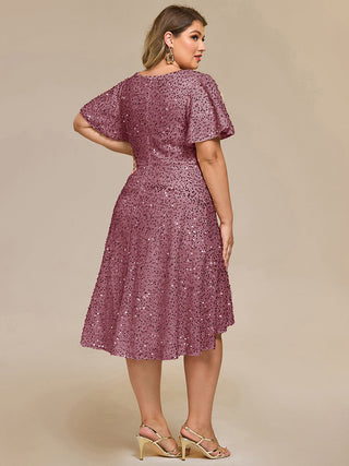 Plus Size Order Short Sleeve Ruffle Sequin Deep V-Neck High-Low Formal Dresses