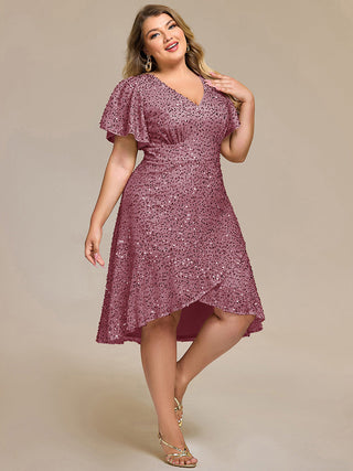 Plus Size Order Short Sleeve Ruffle Sequin Deep V-Neck High-Low Formal Dresses