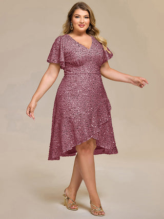 Plus Size Order Short Sleeve Ruffle Sequin Deep V-Neck High-Low Formal Dresses