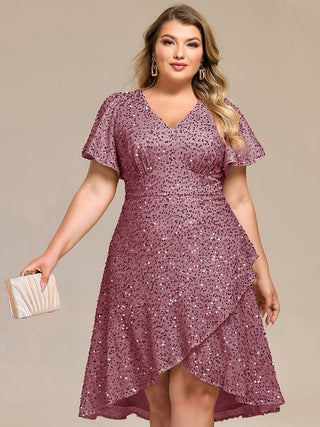 Plus Size Order Short Sleeve Ruffle Sequin Deep V-Neck High-Low Formal Dresses