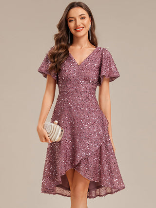 Short Sleeve Ruffle Sequin Deep V-Neck High-Low Formal Dresses