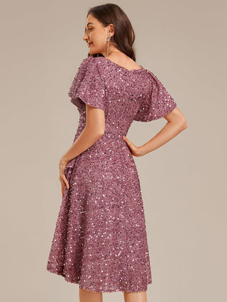 Short Sleeve Ruffle Sequin Deep V-Neck High-Low Formal Dresses