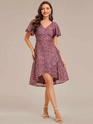 Short Sleeve Ruffle Sequin Deep V-Neck High-Low Formal Dresses