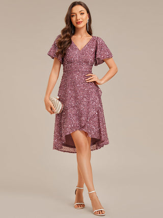 Short Sleeve Ruffle Sequin Deep V-Neck High-Low Formal Dresses