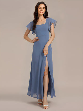 Short Sleeve Ruffle A-Line Backless Floor Length Formal Dresses